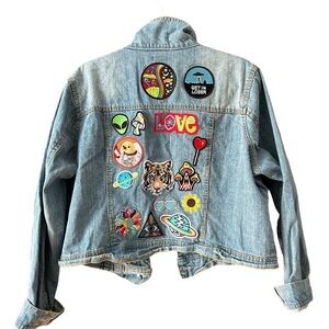 Women’s Jean Jacket with Patches - Distressed Light Wash 2X